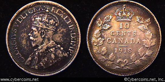 1918, Canada 10 cent, KM23, XF. Cleaned