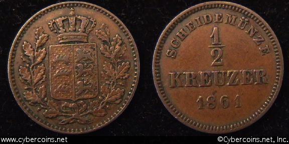 Wurttemberg, 1861, 1/2 kreuzer, VF+, KM603