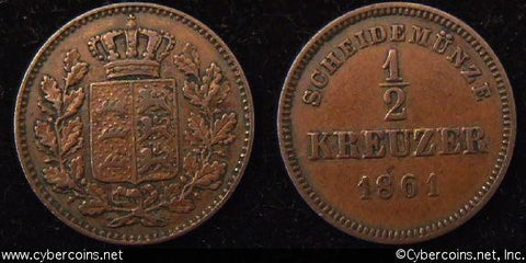 Wurttemberg, 1861, 1/2 kreuzer, VF+, KM603