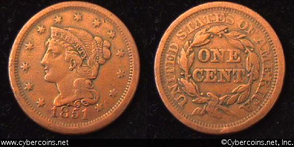 1851, VF   Braided Hair Large Cent.