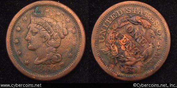 1854, VG Braided Hair Large Cent. heavy hit at top of obv - 80 percent –