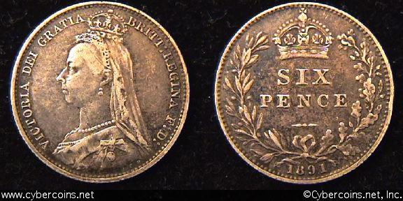 Great Britain, 1891,  6 pence,  XF, KM760