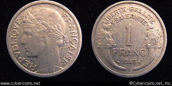 France, 1945C, 1 franc,  XF, KM885a.3