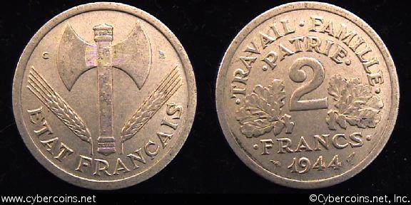 France/Vichy, 1944C,  2 francs, XF, KM904.3