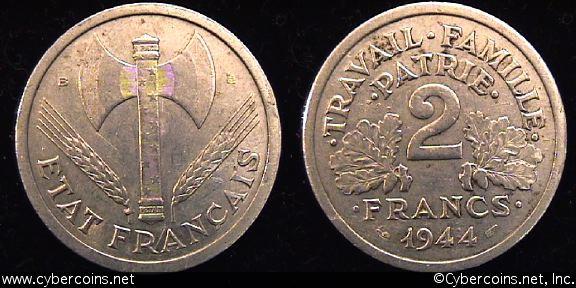 France, 1944B,  2 francs, XF, KM904.2