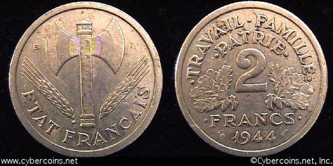 France, 1944B,  2 francs, XF, KM904.2