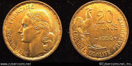 France, 1950, 20 francs, AU, KM916.1  - 3 plumes