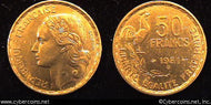 France, 1951B,  50 francs, XF, KM918.2