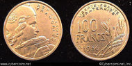 France, 1956B,  100 francs, AU, KM919.2