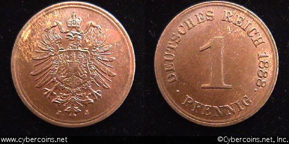 Germany, 1888J, 1 pfennig,  AU, KM1