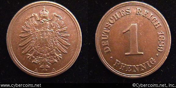 Germany, 1889A,  1 pfennig, AU, KM1