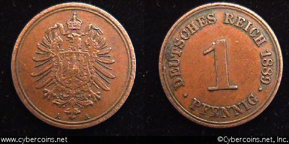 Germany, 1889A,  1 pfennig, XF, KM1