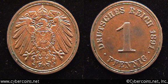 Germany, 1891A,  1 pfennig, AU, KM10