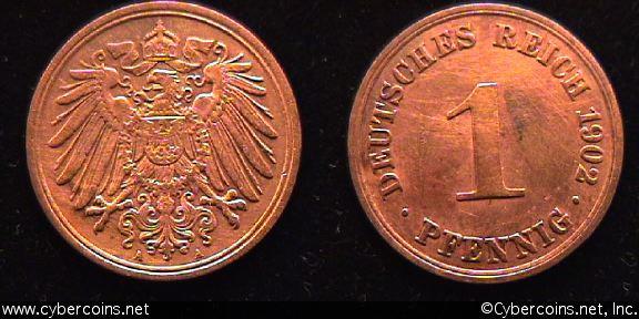 Germany, 1902A,  1 pfennig, Cleaned XF, KM10