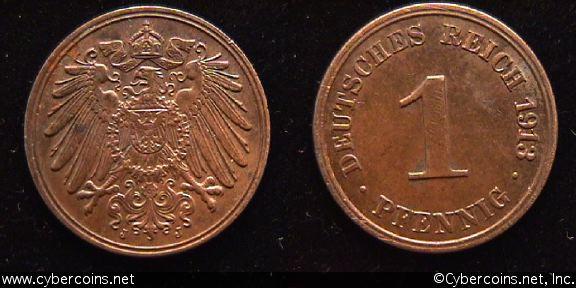 Germany, 1913J,  1 pfennig, AU, KM10