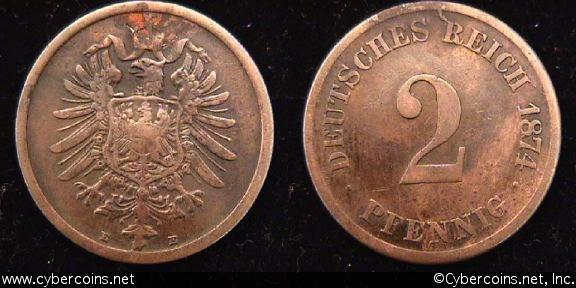 Germany, 1874E,  2 pfennig,  VF, KM2