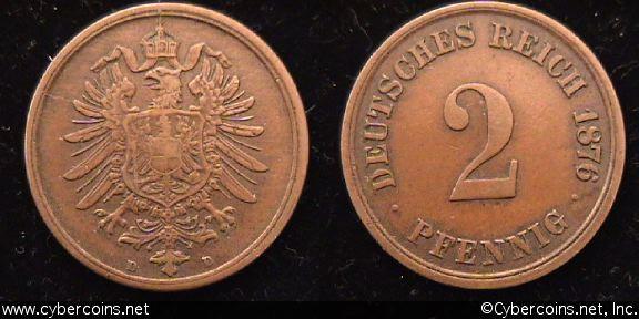 Germany, 1876D,  2 pfennig,  XF, KM12