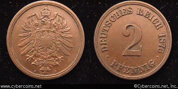 Germany, 1876A,  2 pfennig,  XF, KM2