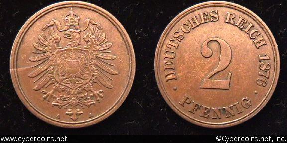 Germany, 1876A,  2 pfennig,  XF, KM2