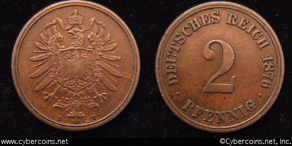 Germany, 1876D,   2 pfennig, XF, KM12