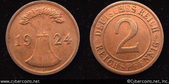 Germany, 1924E, 2 reichspfennig, Choice AU, KM38