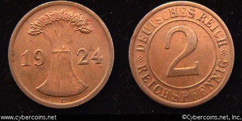 Germany, 1924E, 2 reichspfennig, Choice AU, KM38