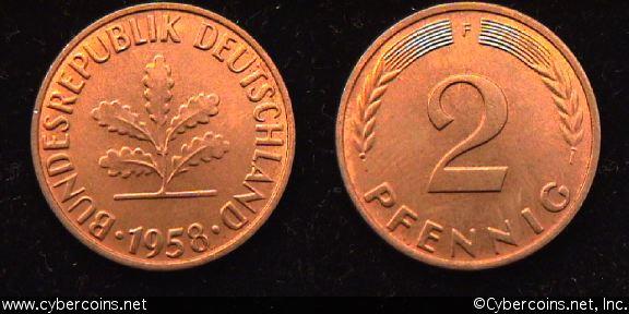 Germany, 1958F,   2 pfennig, UNC, KM106