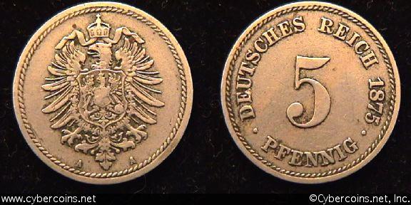 Germany, 1875A, XF, KM3 - 5 pfennig