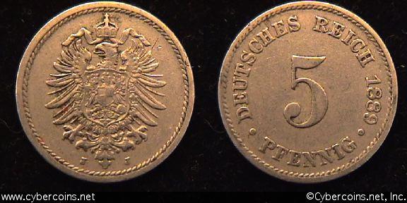 Germany, 1889J,  5 pfennig, VF+, KM3