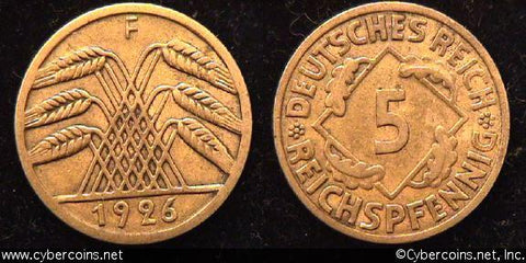 Germany, 1926F,  5 pfennig, VF, KM3a