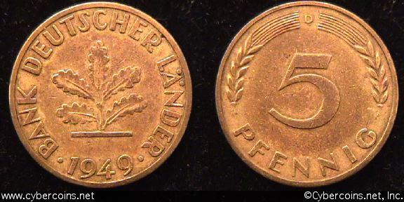 Germany, 1949D,  5 pfennig, XF, KM102