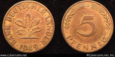 Germany, 1949D,  5 pfennig, XF, KM102