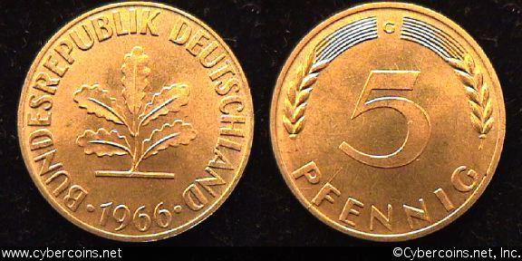 Germany, 1966G, 5 pfennig,  BU, KM107