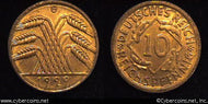 Germany, 1929G,  10 reichspfennig, AU, KM40