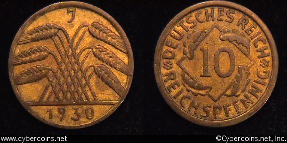 Germany, 1930J,  10 reichspfennig, XF, KM40