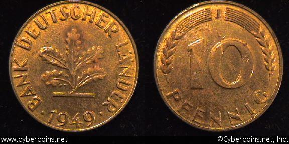 Germany, 1949J,  10 pfennig, XF, KM103