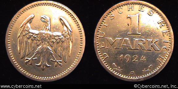 Germany, 1924A,   1 mark, XF- cleaned, KM42  - silver .500