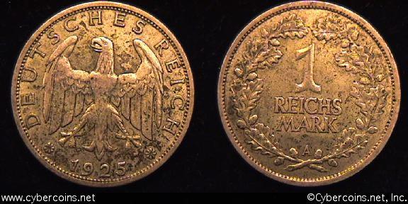 Germany, 1925A, 1 mark, XF, KM44 - spotty. Exact coin imaged 