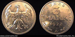 Germany, 1922A,   3 marks,  UNC, KM28