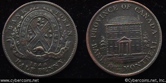 Lower Canada, 1844, 1/2 Penny, KMtn18, XF