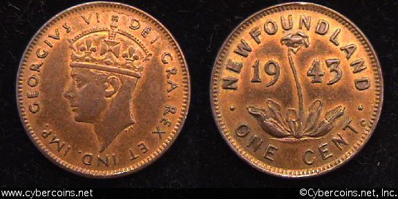 Newfoundland, 1943C, 1 cent, KM18, AU.