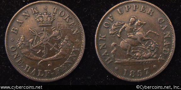 Upper Canada, 1857, 1/2 Penny, KMtn2, XF