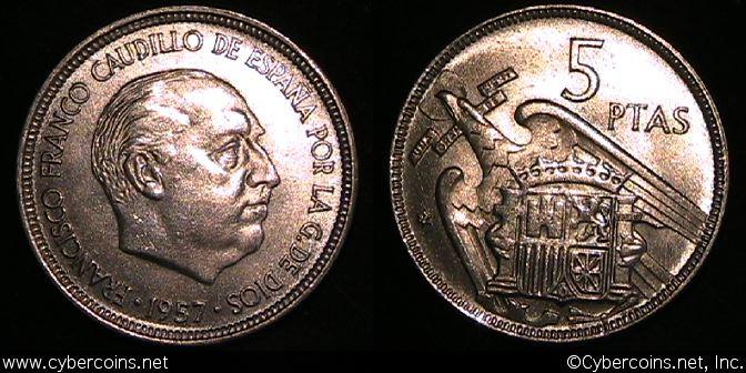 Spain, 1957(59),  5 pesetas, UNC, KM786