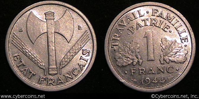 France, 1944B,  1 franc, UNC-/AU, KM902.2