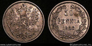 Finland, 1908L, 50 Pennia, KM2.2 - XF/AU -