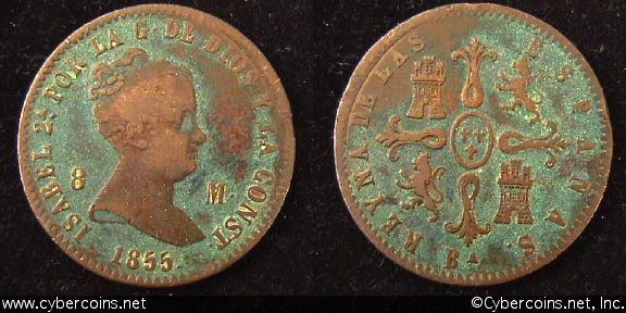 Spain, 1855 BA, 8 maravedis, F, C531.1