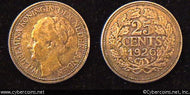 Netherlands, 1926, 25 cents, VF, KM164