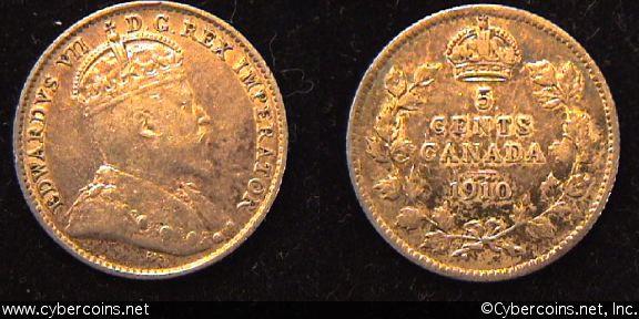 1910 pointed, Canada 5 cent, KM13, AU.