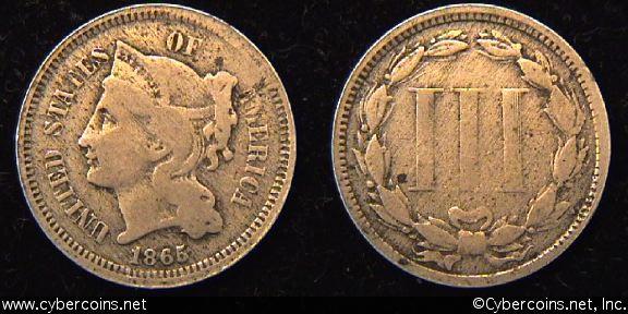 1865, VG   Three Cent Nickel Piece