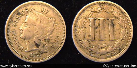 1868, F Three Cent Nickel Piece, minor spotting. Exact coin imaged